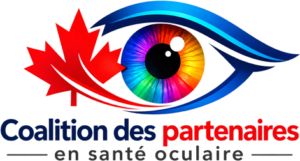 Logo de la Coalition des partenaires en santé oculaire – Un œil avec un iris aux couleurs de l’arc-en-ciel et une feuille d’érable canadienne.