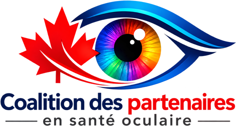 Logo de la Coalition des partenaires en santé oculaire – Un œil avec un iris aux couleurs de l’arc-en-ciel et une feuille d’érable canadienne.